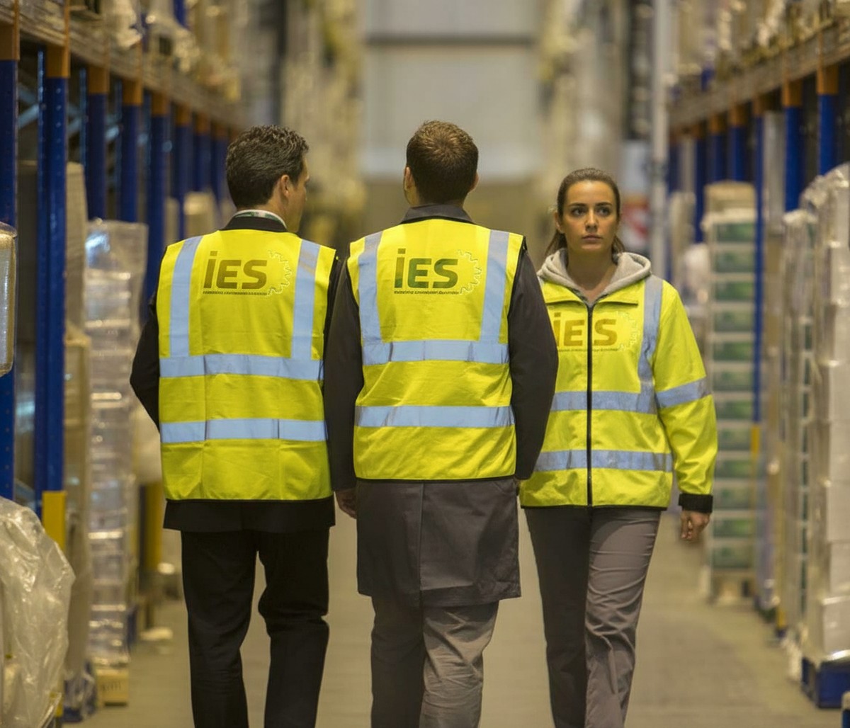 IES team walking a warehouse aisle during a facility assessment