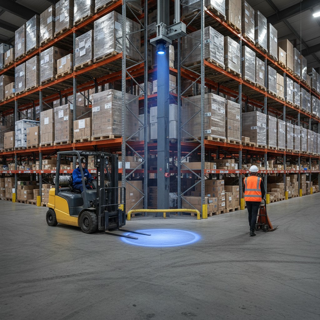Two forklifts approaching a blind corner with traffic signal warning systems