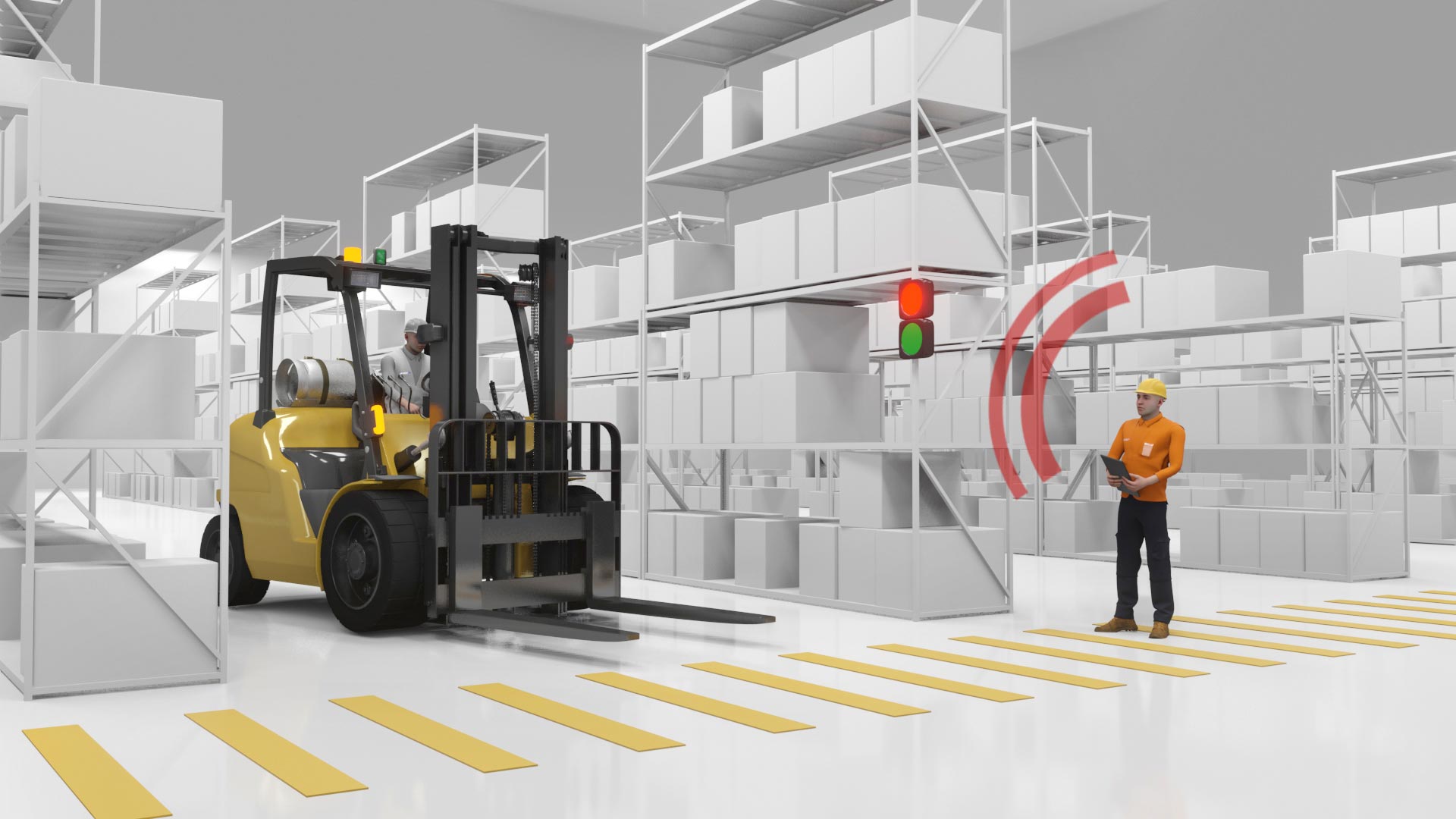 Pedestrian crossing in a warehouse facility with traffic light safety system