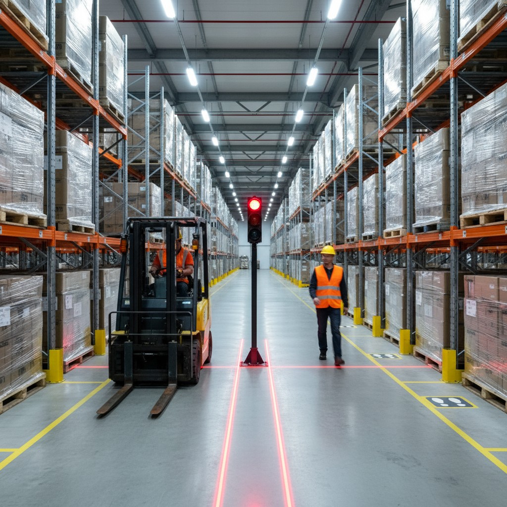 Warehouse corridor with ceiling-mounted pedestrian detection sensors